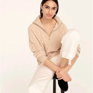 NEW J. Crew Cable Knit Half Zip Sweater Supersoft Yarn Beige Heather Linen BD032